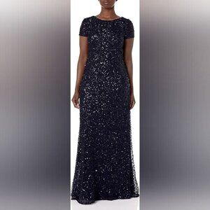 NWT Adrianna Papell Elegant Midnight Navy Sequin Gown Size 12